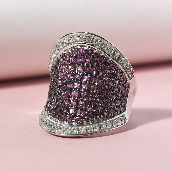Orissa Rhodolite Garnet & Natural White Zircon Concave Cluster Ring 925 E468 - Picture 3 of 9